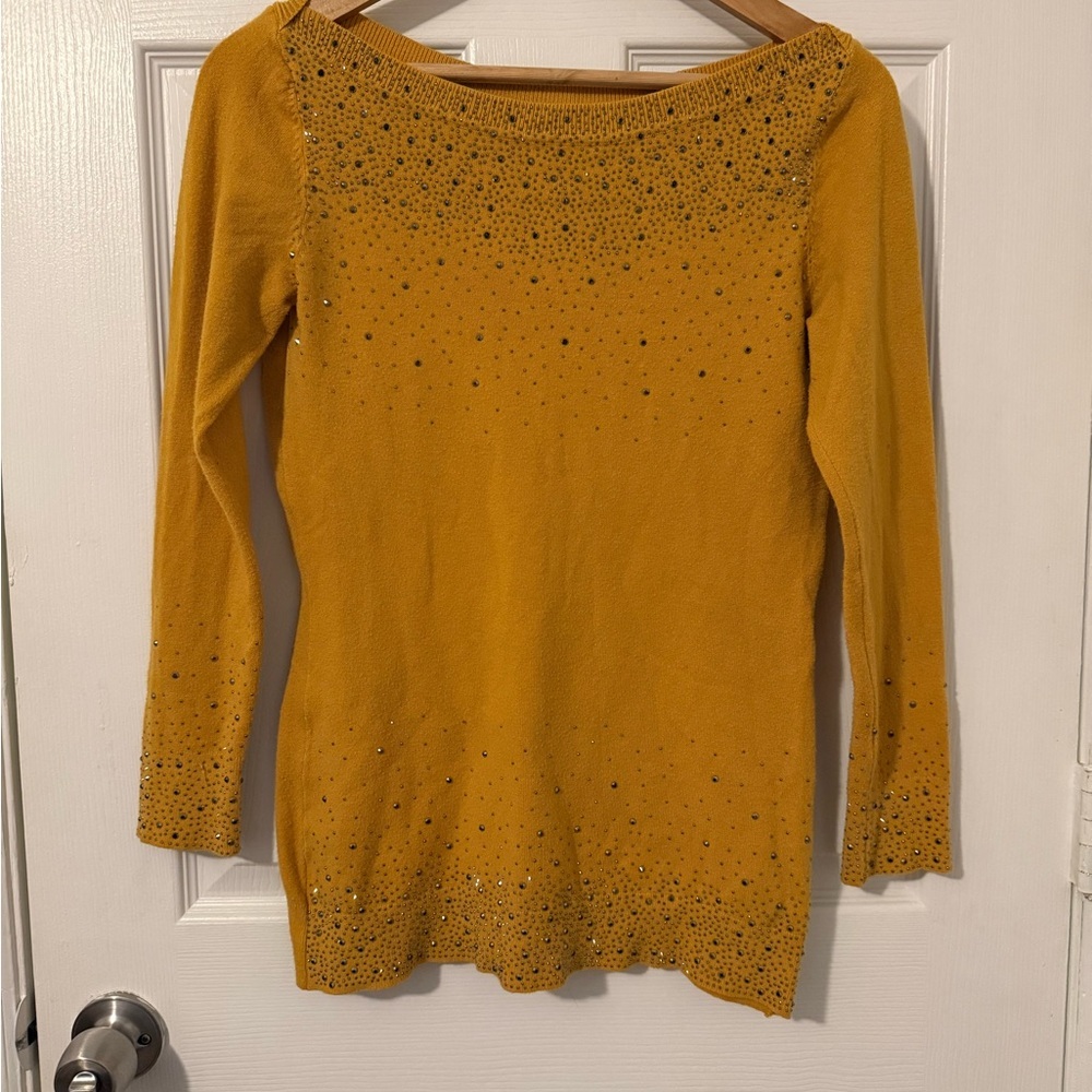 Anthropologie Oliver by Escio Mustard Embellished Sweater Blouse sz L